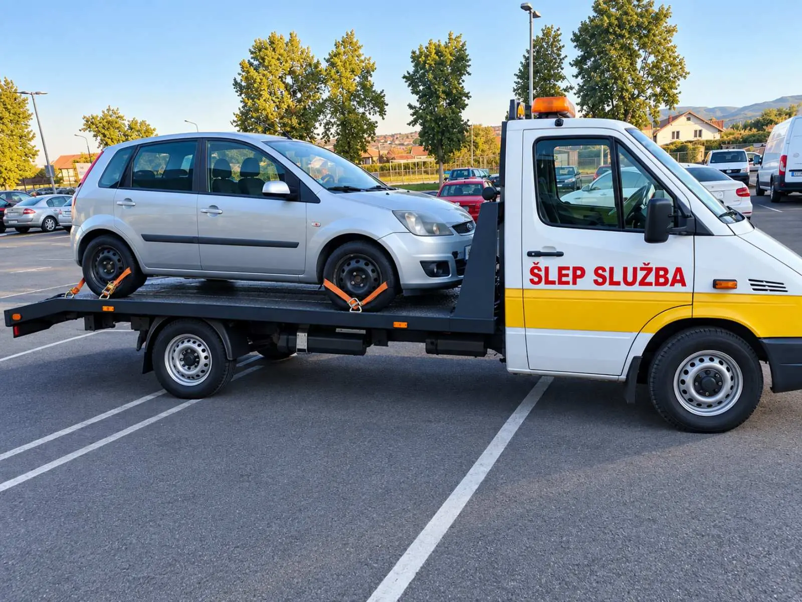 Šlep vozilo sa automobilom na platformi